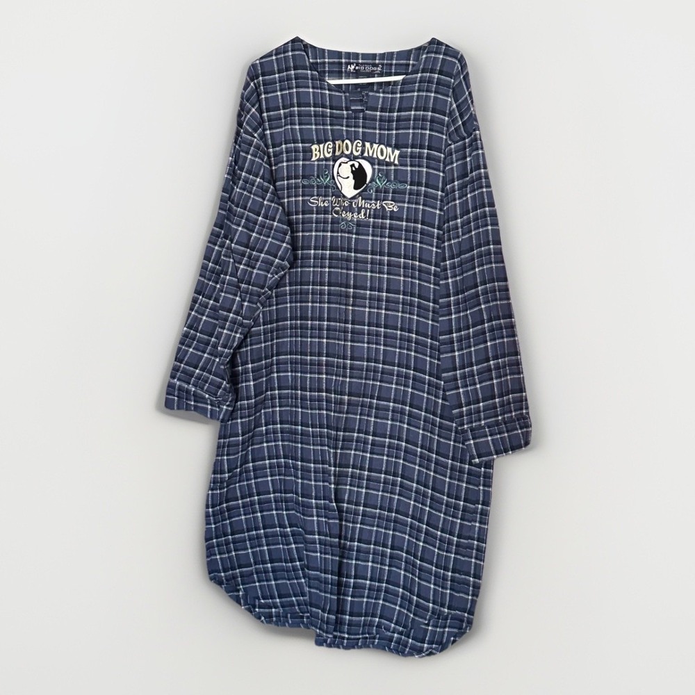 Big Dogs Big Dog Mom Plaid Flannel Sleep Shirt‎ Nightgown Womens Large XL Blue